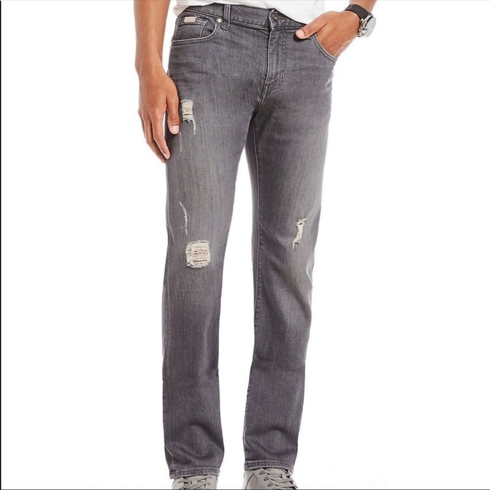 AL Distressed Gray Slim Straight Fringe Jeans